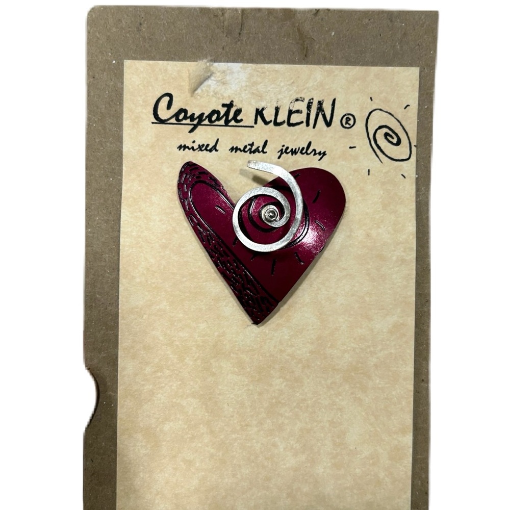 Handmade Etched Mixed Metal Heart Brooch Lapel Pin Red Silver Art Love Gift